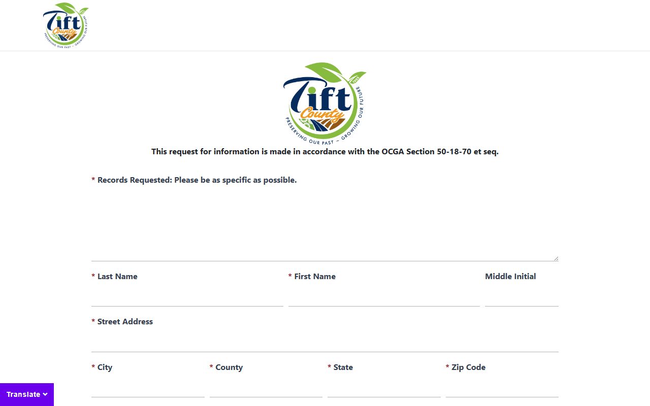 Tift County Clerk of Court open records form fields