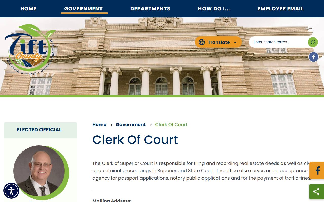 Tift County Clerk of Court records page for Clay Pate
