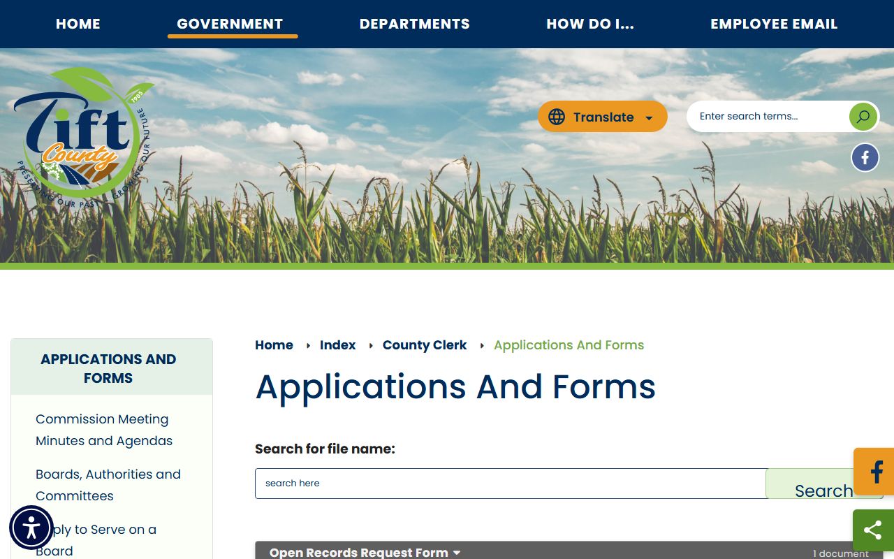Tift County Clerk of Court document center open records form listing
