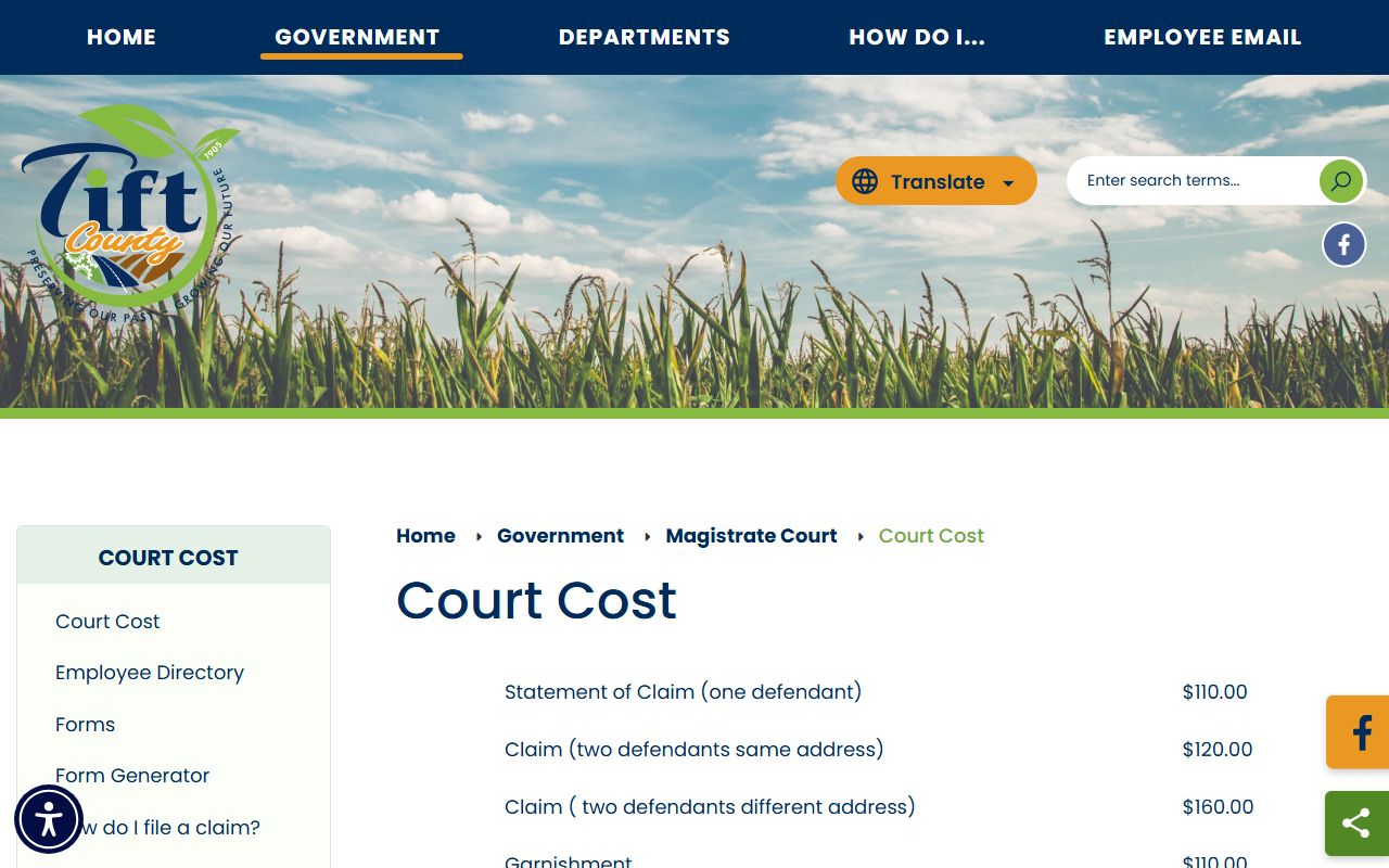 Tift County court dockets Magistrate Court cost schedule source