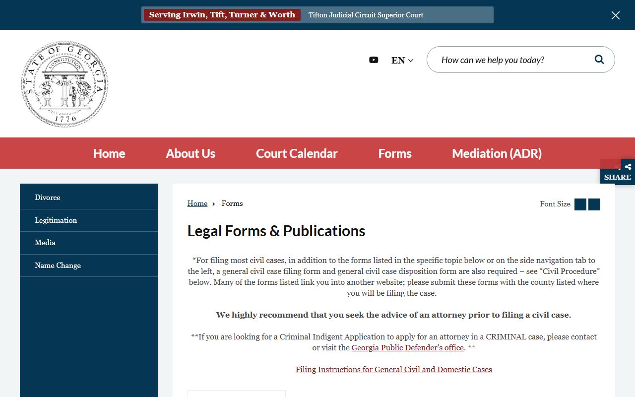 Tift County Superior Court legal forms for civil and divorce records