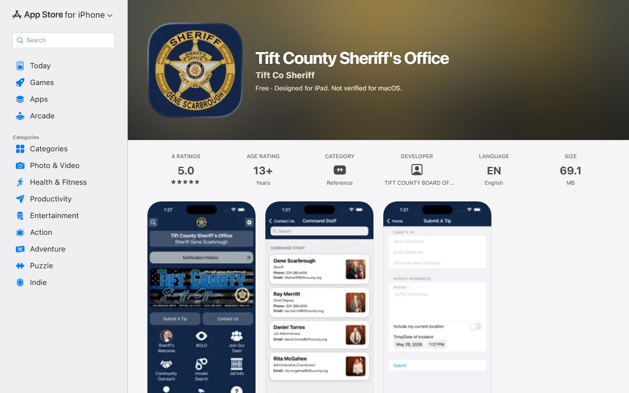 Tift County inmate records Apple listing for sheriff app