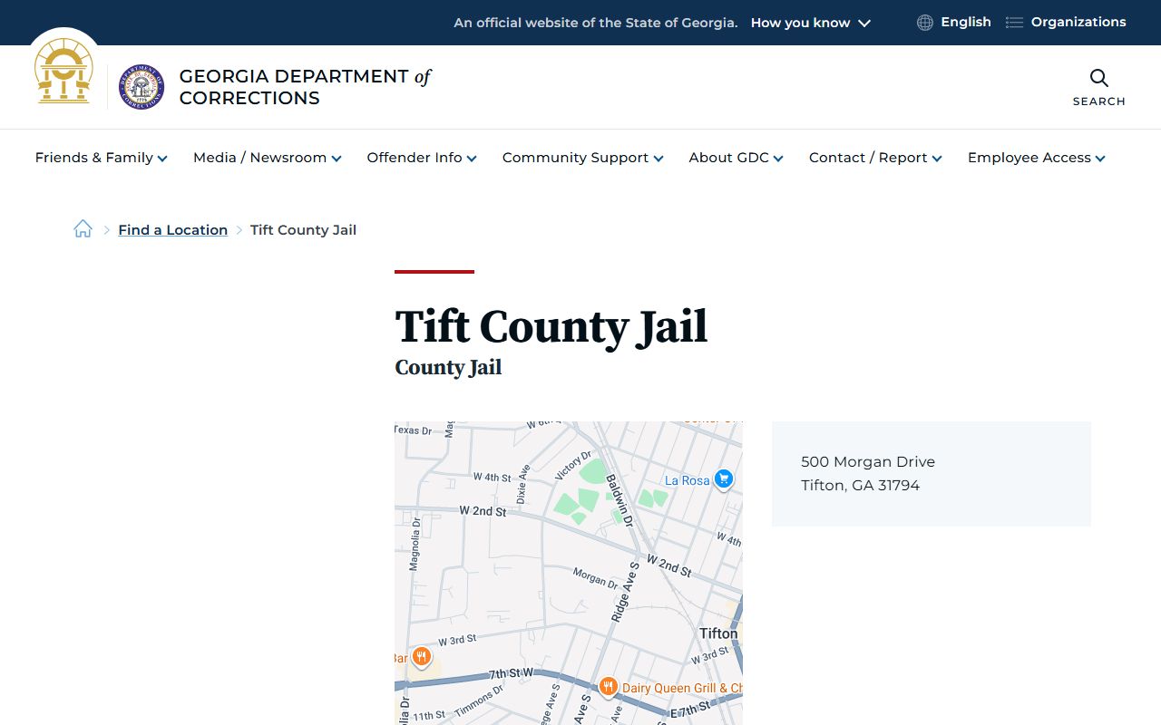 Tift County inmate records Georgia Department of Corrections jail location page