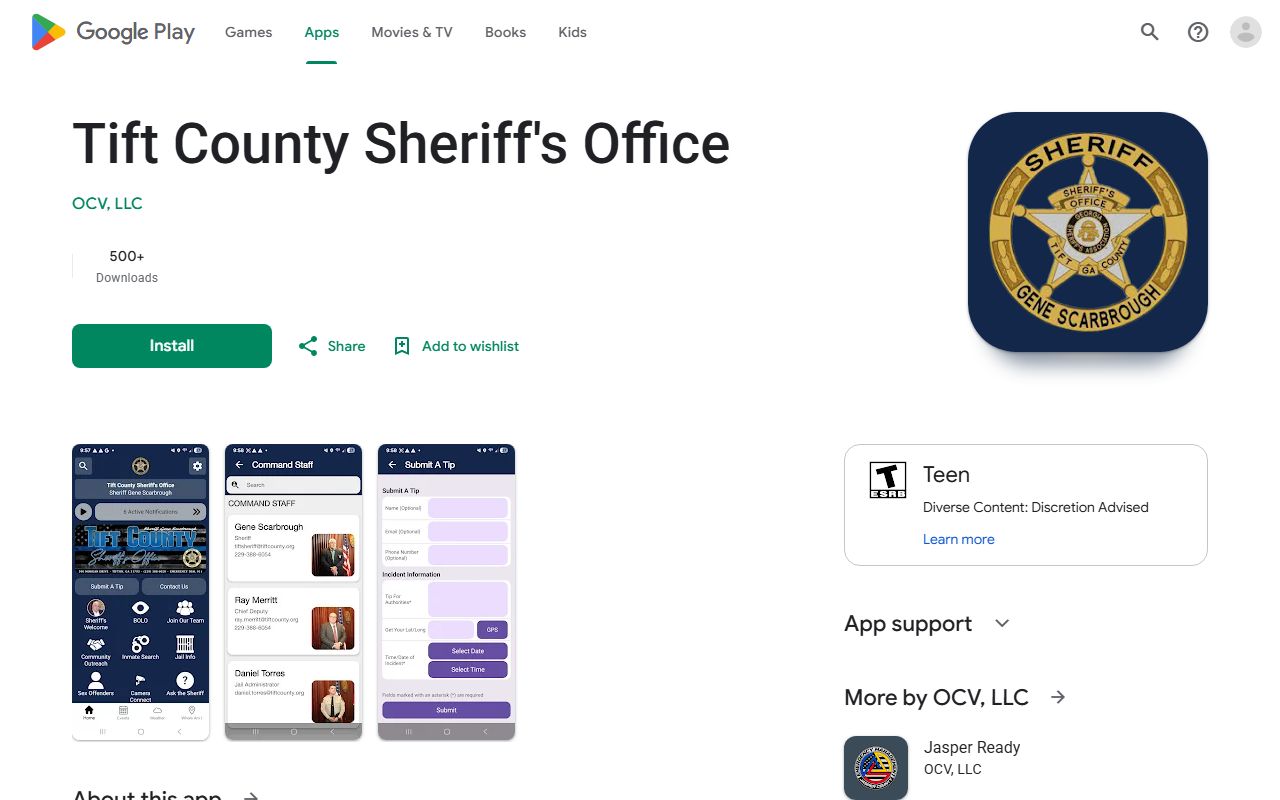 Tift County inmate records Google Play listing for sheriff app