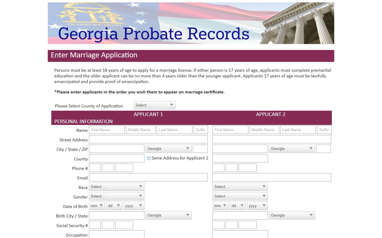 Tift County marriage records Georgia Probate Records application portal