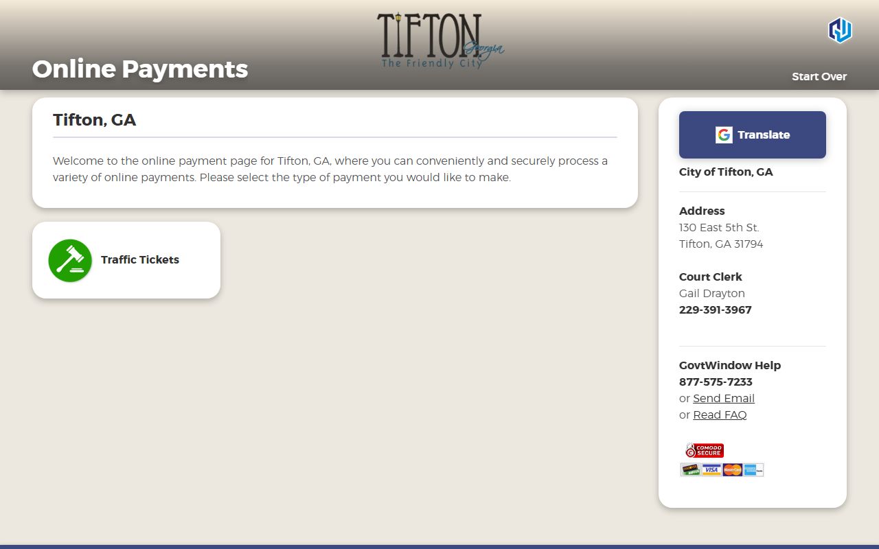 Tift County traffic court records Tifton GovernmentWindow payment portal