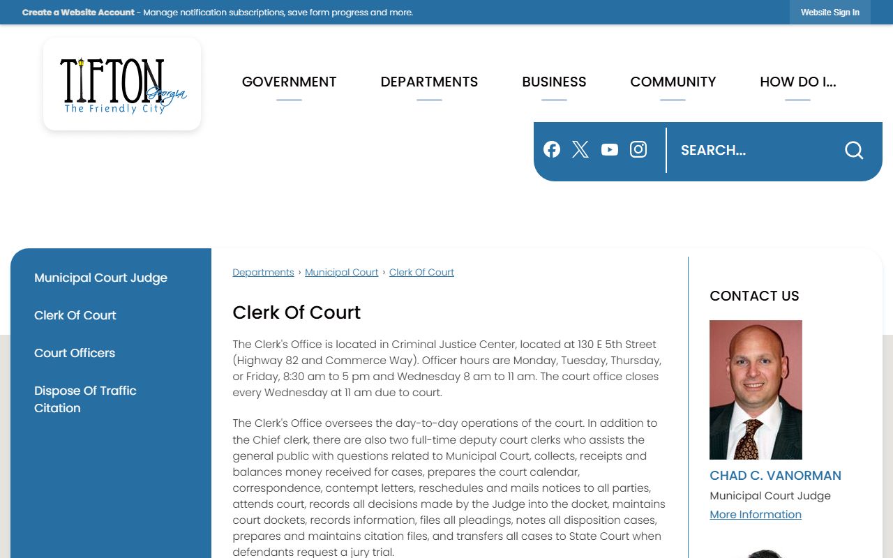 Tift County traffic court records Tifton Municipal Court Clerk page