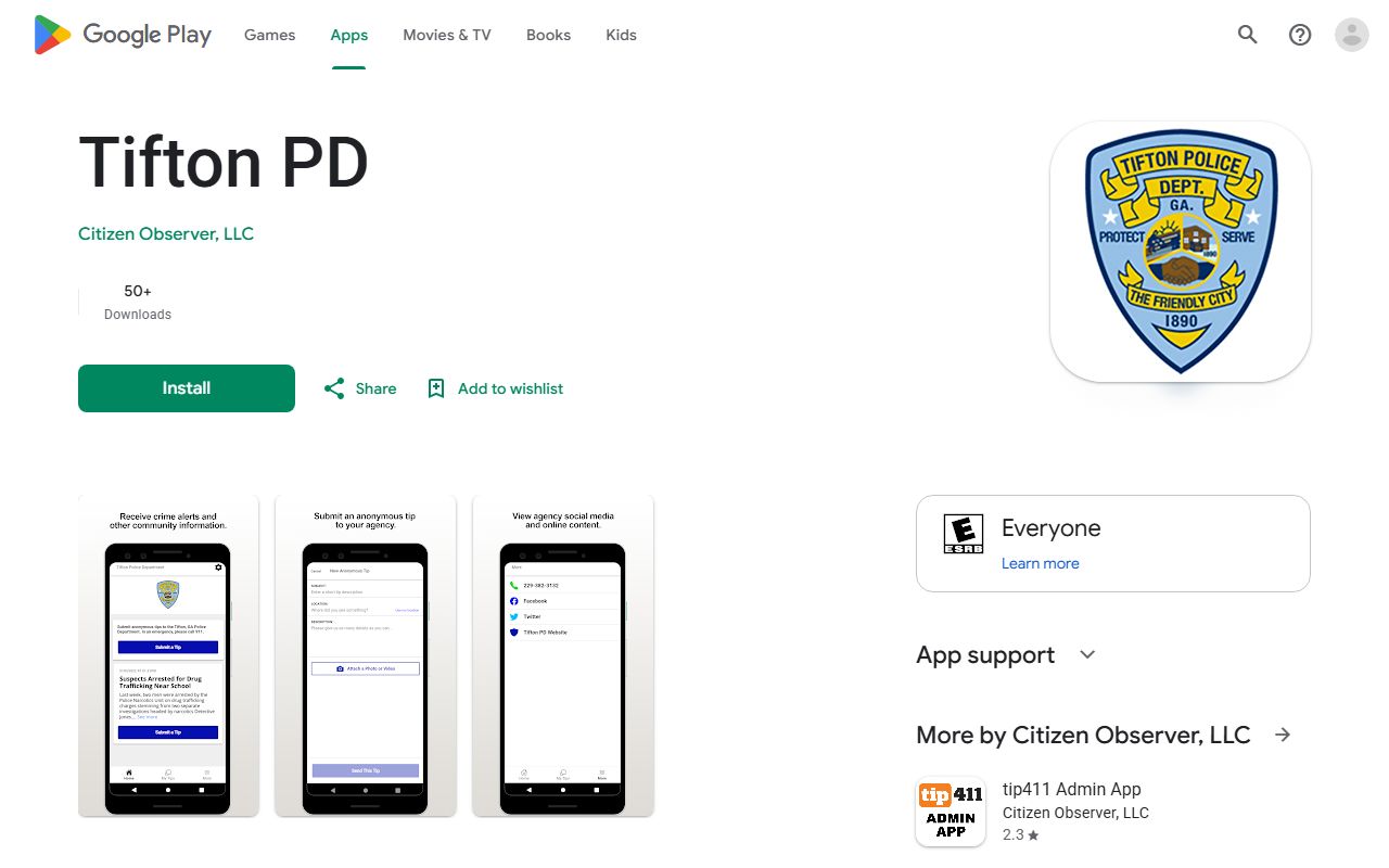 Tift County warrant records Tifton PD Google Play tip app listing