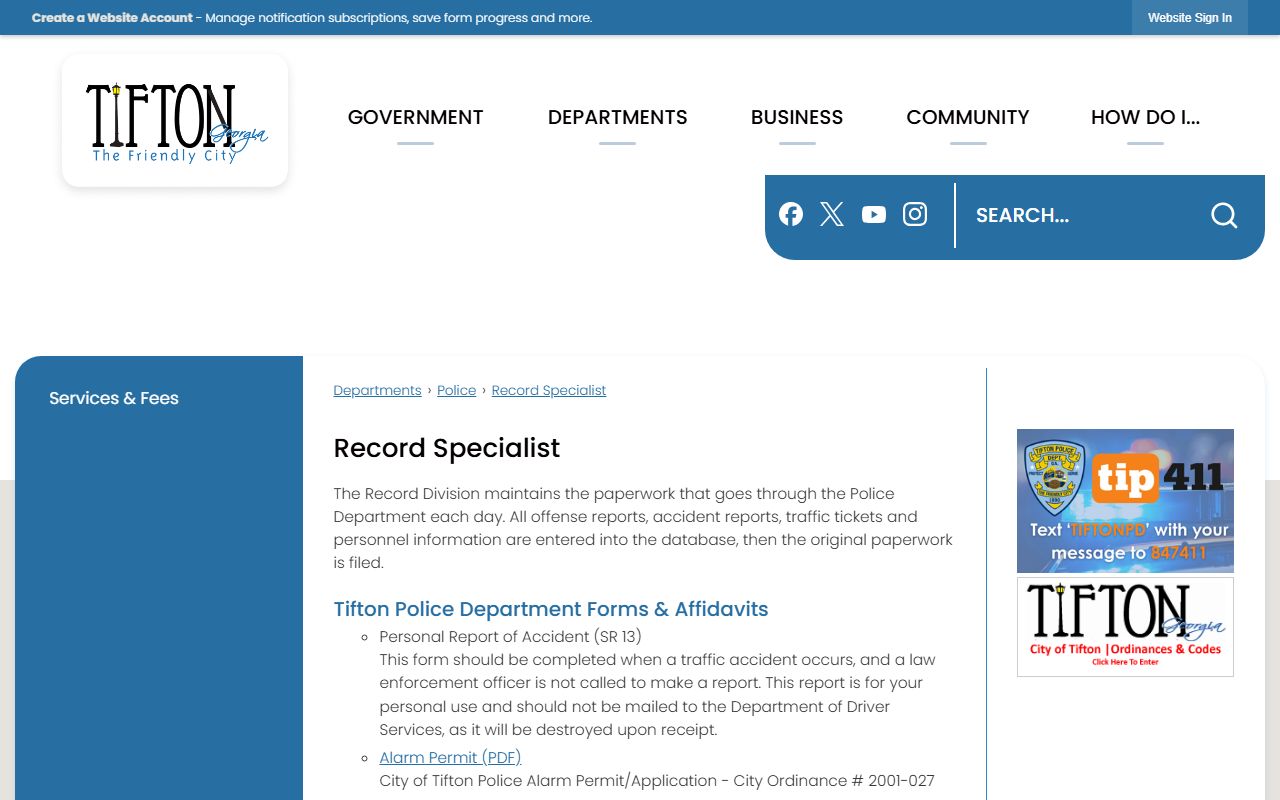 Tift County warrant records Tifton Police Record Division page
